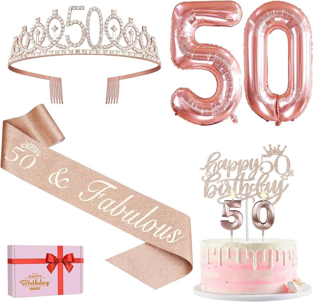 50th Birthday Decorations Women, Include 50th Birthday Sash and Tiara, Cake Topper and Candles, Number Balloons, 50 Year Old Gifts for Women
