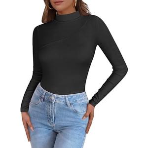 Caracilia Women Long Sleeve Shirts Mock Neck Ribbed Knit Lightweight Tight Tops 2025 Fall Slim Fitted Basic Tees Black Small
