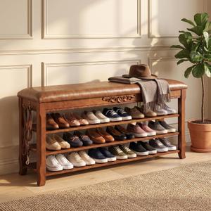 Shoe Rack Bench Entryway Storage with Leather Cushion, 47.2"