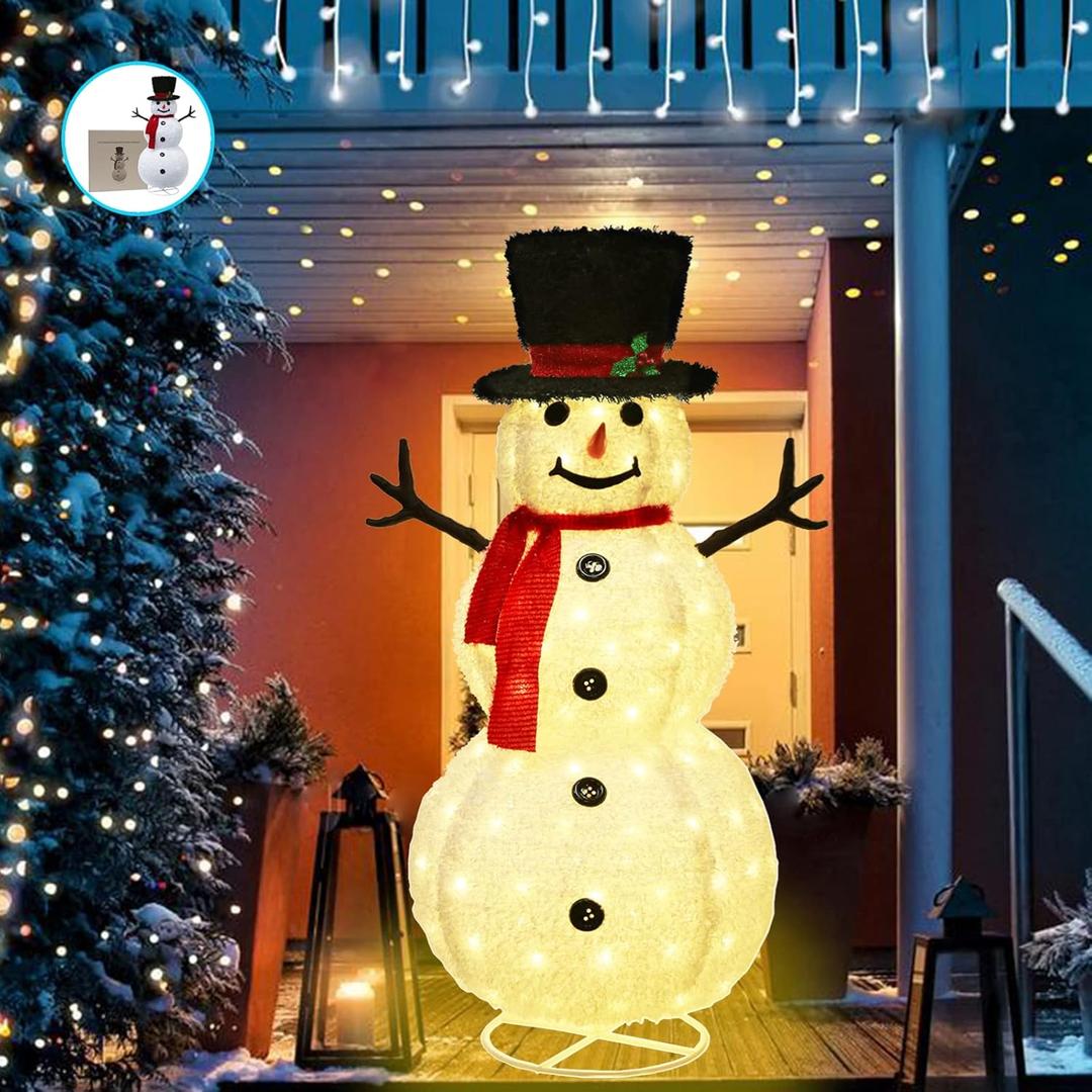 Snowman Christmas Decorations Outdoor, FOYOTO 4FT Collapsible Christmas Plush Snowman, Outdoor Lighted Snowman with Pre-lit 160 Led, Snowman Christmas Decoration for Porch Yard Lawn Garden