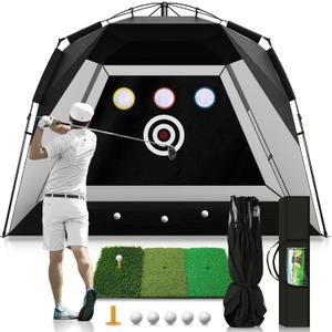 Easy POP UP Golf Net 10x7FT: No-Assembly Golf Hitting Net with Tri-Turf Mat - in Home Golf Practice Nets for Backyard Driving Chipping Swing Training with Travel Bag - Gifts for Men Teenagers Golfers