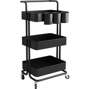 AIYAKA 3-Tier Rolling Utility Storage Cart, Multifunction Trolley Service Cart, with Mesh Basket Handles and Wheels, for Bathroom, Kitchen, Office, Black
