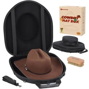 Cowboy Hat Box, Cowboy Hat Case for Travel, Crush Proof Hat Storage Carrier with Shoulder Starp & Hat Brush, for Cowboy/Fedora/Panama Hat (Internal Dimensions:16.5" x 14.1" x 5.4") (Black)