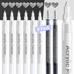 AKARUED Acrylic White Paint Pen Fine Tip: 8 Pack 0.7mm Black White Paint Marker Pens for Wood, Water-Based Markers for Black Paper Metal Stone Plastic Writing, Opaque Ink (6 White +2 Black)