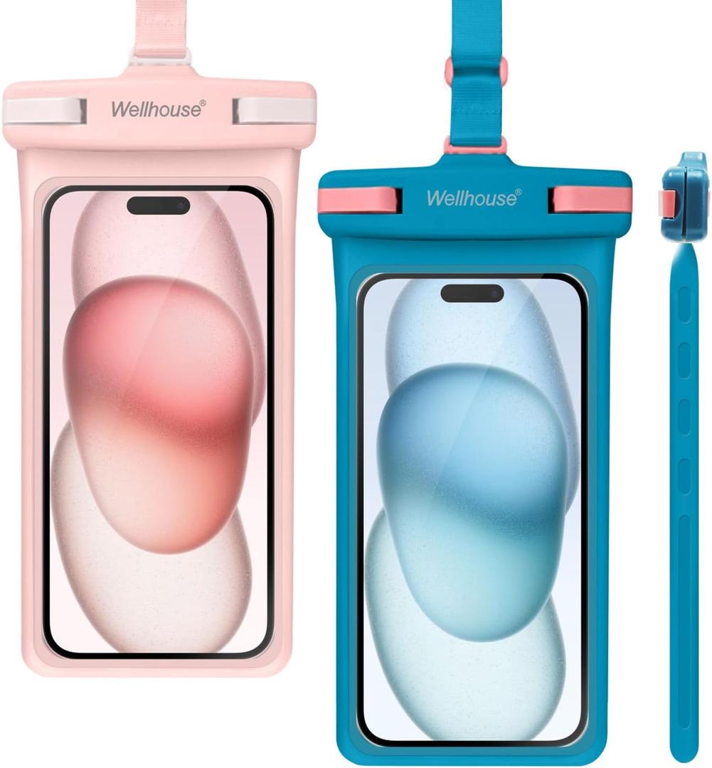 wellhouse Waterproof Phone Pouch, Waterproof Phone Case for iPhone 17 16 15 14 13 Pro Max XS Samsung, IPX8 3D Cellphone Dry Bag Beach Essentials (2 Pack - Blue & Pink7.0, 7 inch)