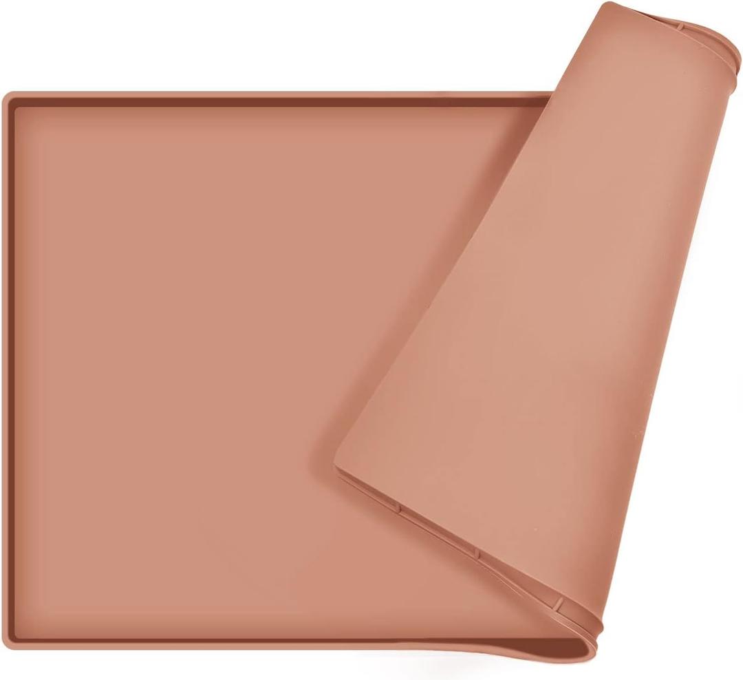Dog Food Mat,Silicone Waterproof Food Tray,Non Slip Pet Bowl Mats Placemat,0.6" Raised Edge,Suitable for Most Small and Medium Sized Pets,24" x 16" (Coral Orange)