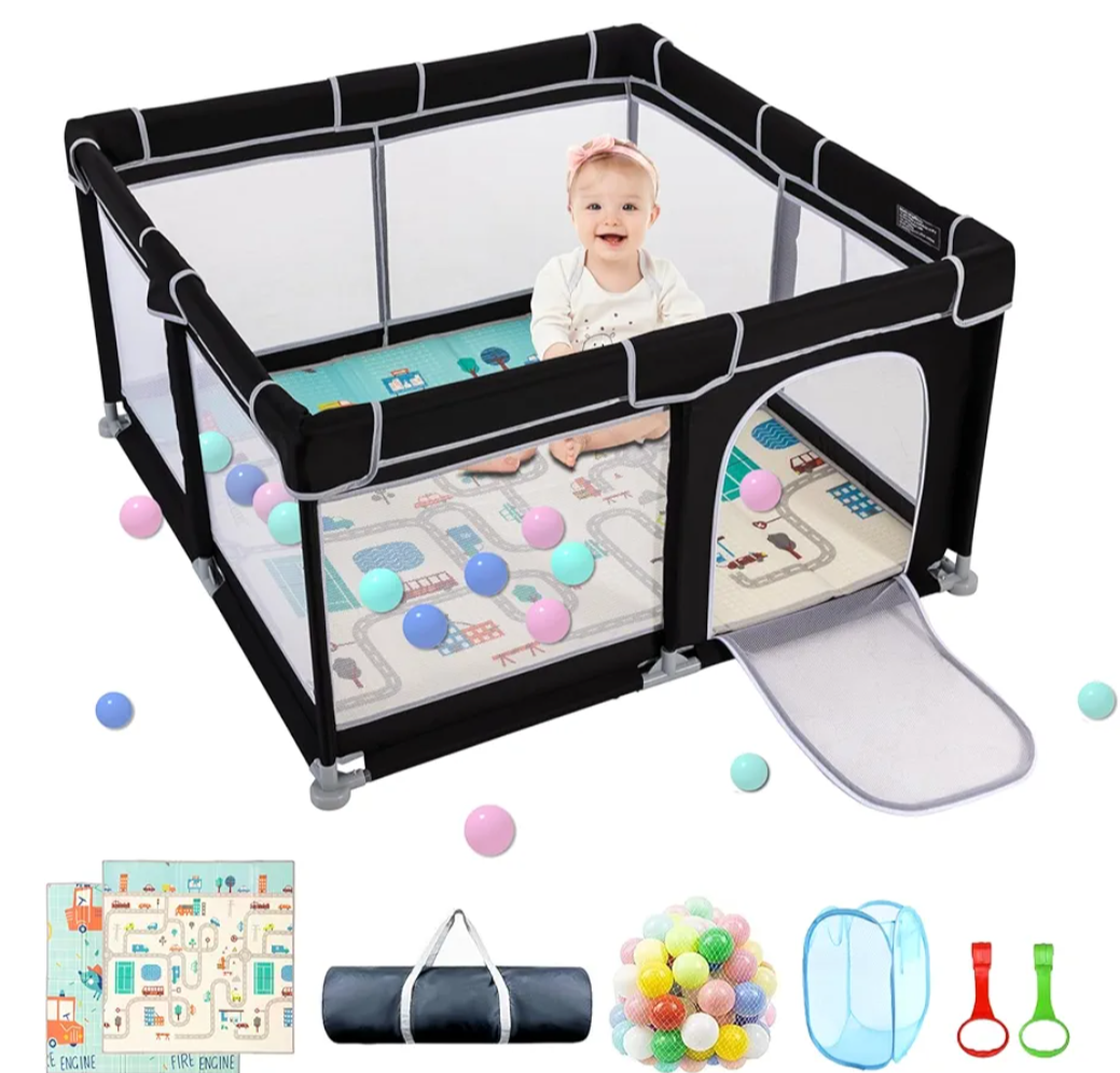 79x71in Large Playpen with Mat, Playpen for Babies and Toddlers, Baby Playards with Zipper Gate, Safe and Non-Slip Baby Fence, Full Mesh Design, Indoor & Outdoor Kids Activity Center - Black