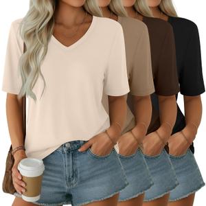 Ficerd 4 Pack Women's Half Sleeve V Neck Tops Elbow Length Loose Fit Shirts Casual Trendy Summer Straight Hem Basic Tees, Medium (Apricot, Khaki, Brown, Black)
