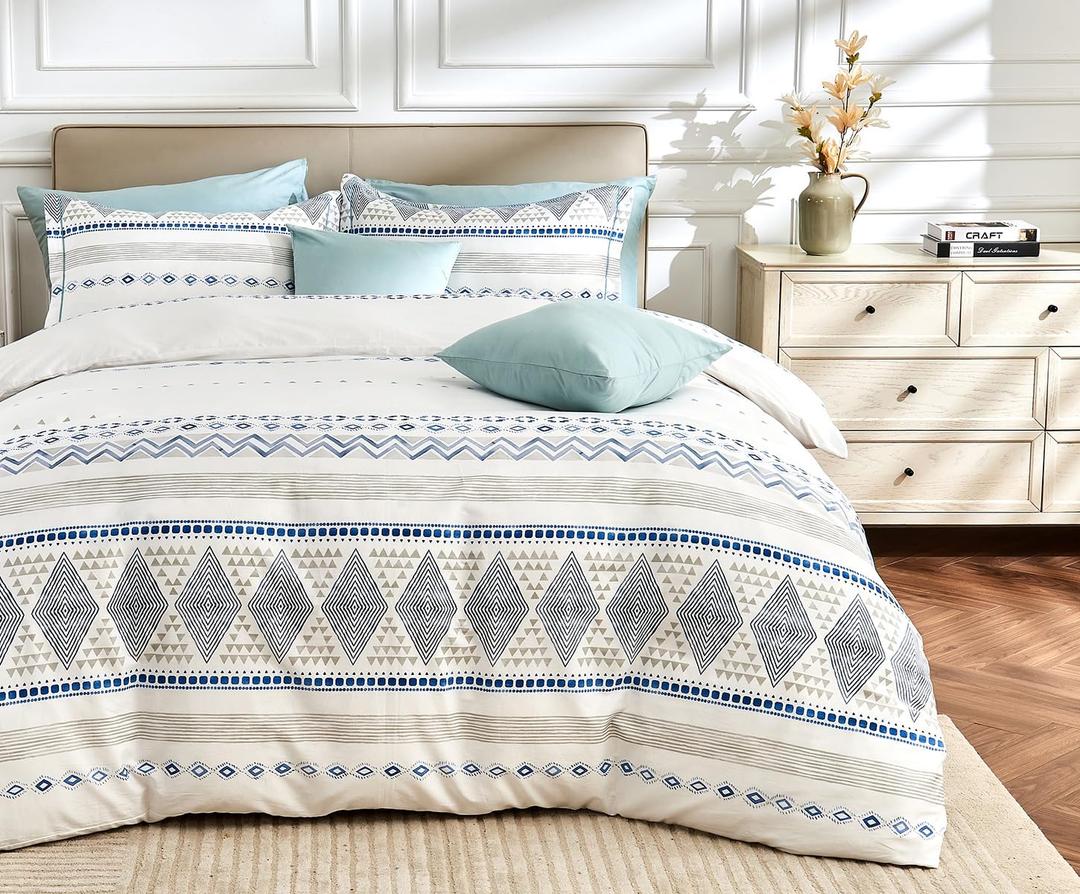 SLEEPBELLA Boho King Size Duvet Cover Set - Cotton Reversible Blue/White with Button Closure & Soft, Breathable Fabric (King 104"x90")