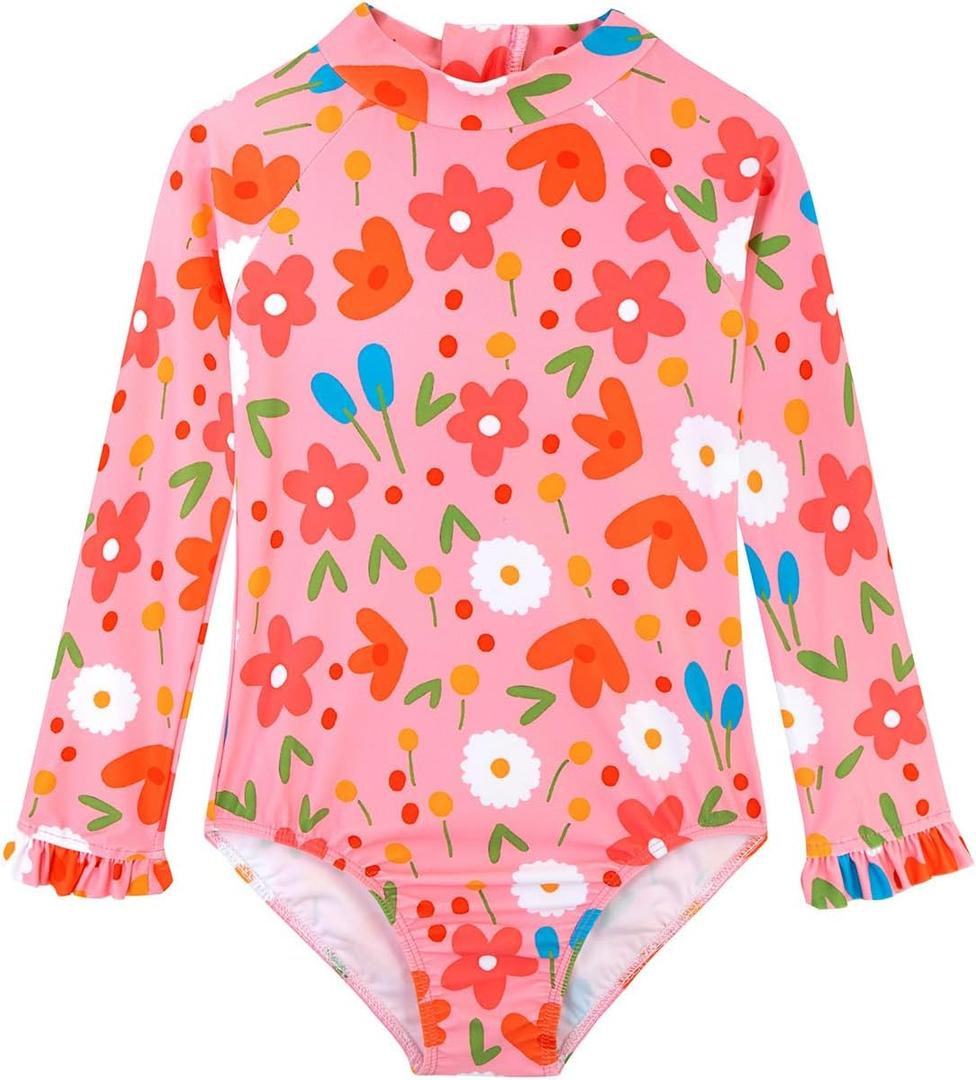 Long Sleeve One Piece Ruffle Swimsuit for Toddler Girls Baby Girl Rashguard Shirt with UPF 50+ Sun Protection (5-6 Years, Pinkplant)