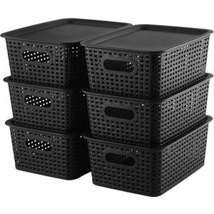 AREYZIN Storage Bins Plastic Storage Baskets With Lid Small Baskets for Organizing Stackable Storage Container Organizer Bins for Shelves Drawers Desktop Playroom Classroom Office, 6 Pack,Black