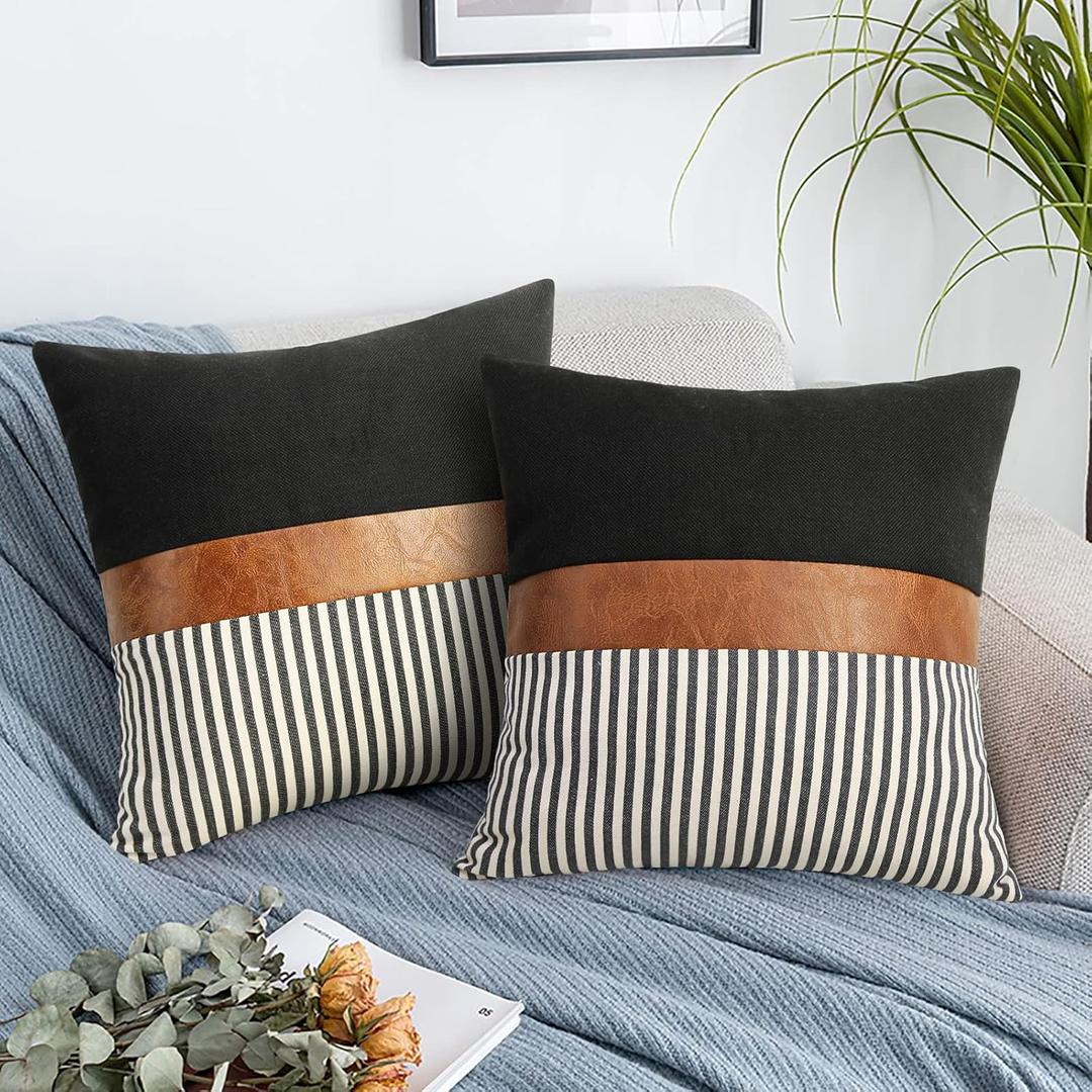 Set of 2 Farmhouse Decor Stripe Patchwork Black Linen Throw Pillow Covers, Modern Tan Faux Leather Accent Pillow Covers 18x18 inch, Black Stripe