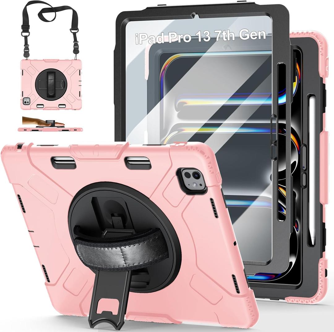 Case for iPad Pro 13 Inch M5 2025/ M4 2024: Military Grade Cover for iPad Pro 13" with Screen Protector - Stand - Handle - Shoulder Strap - Pencil Holder-Orange (Black+Pink)