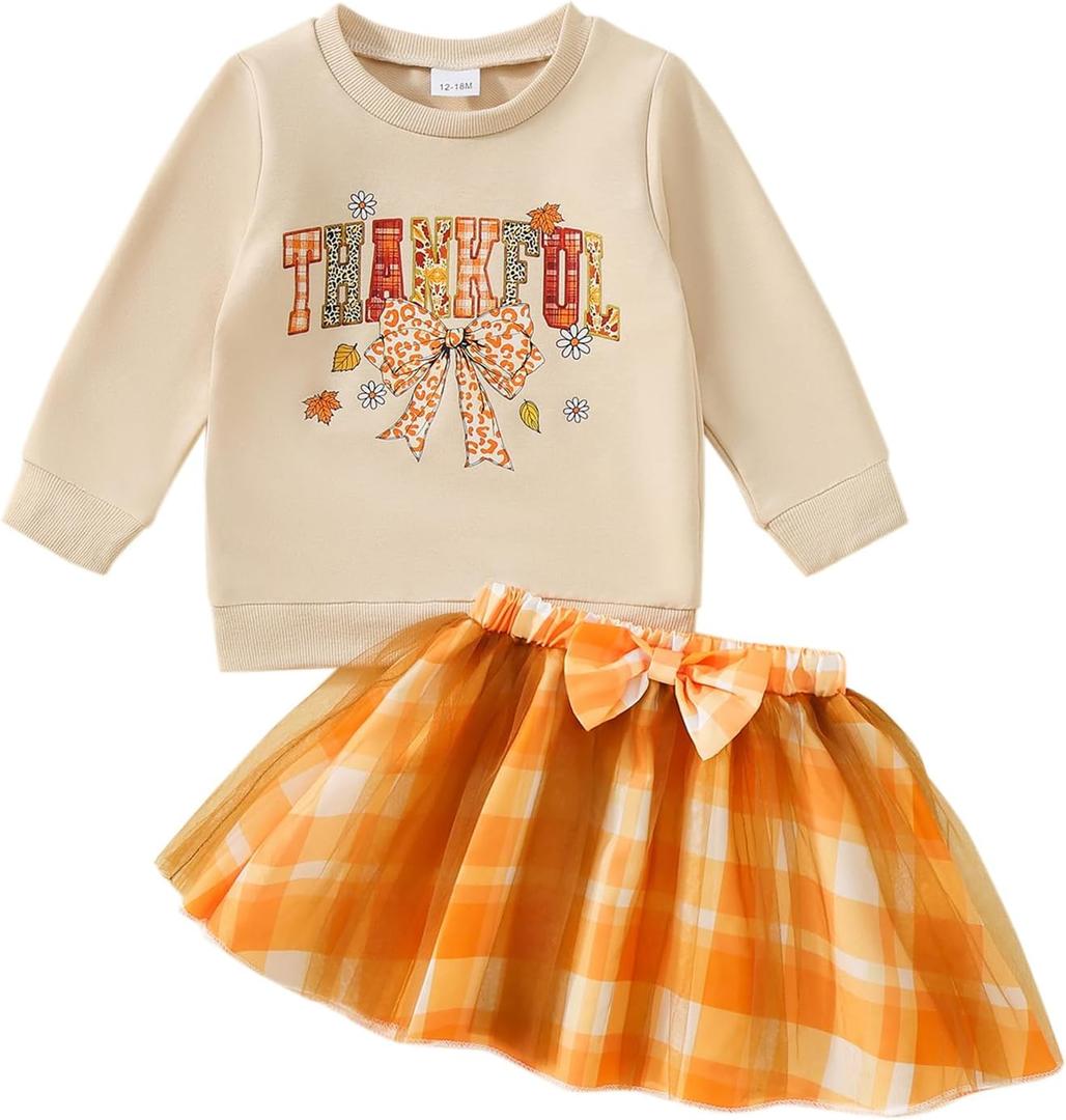 Tinypainter Toddler Girl Thanksgiving Outfit Little Turkey Sweatshirt+Bow Skirt Set Fall Clothes (12-18 Months, Thankful)