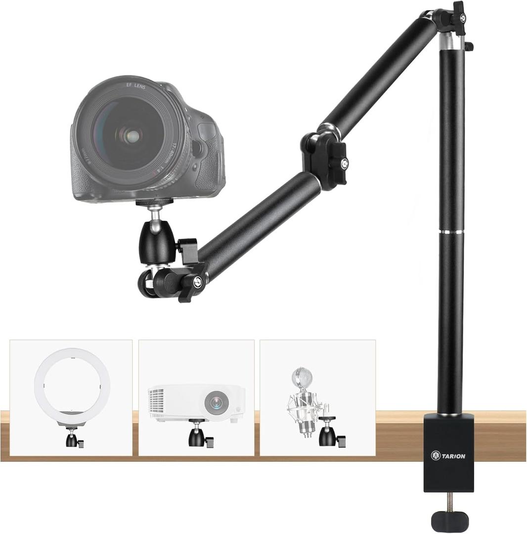 TARION Camera Desk Mount Overhead: Articulated Camera Arm Stand with Clamp 3/8'' 1/4'' Screws Adjustable Table Mount Flexible Gear Joints for DSLR, Phone, Projector TKA01-L (Upgraded Version)