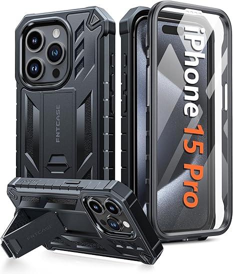 FNTCASE for iPhone 15 Pro Case: Military Grade Drop Proof Rugged Protective Cell Phone Cover with Kickstand & Builtin Protector | Matte Textured Shockproof TPU Hybrid Bumper Cases (Black)
