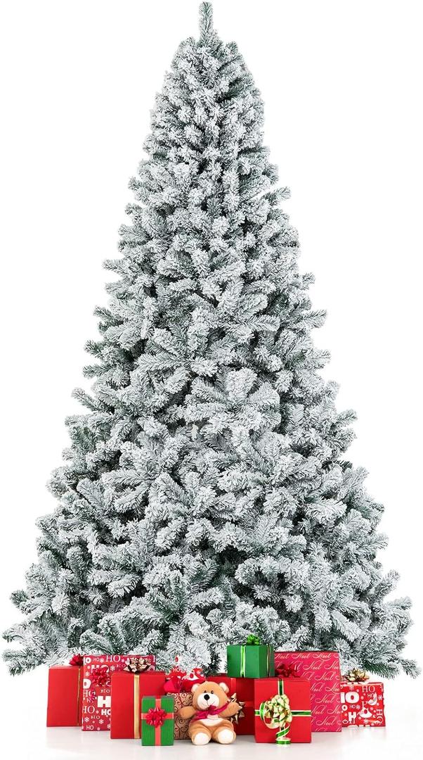 9 FT Snow Flocked Christmas Tree, Artificial Holiday Hinged Pine Tree with 1498 Branch Tips, Solid Metal Stand, Premium Xmas Full Fake Tree for Home, Office, Party Decoration