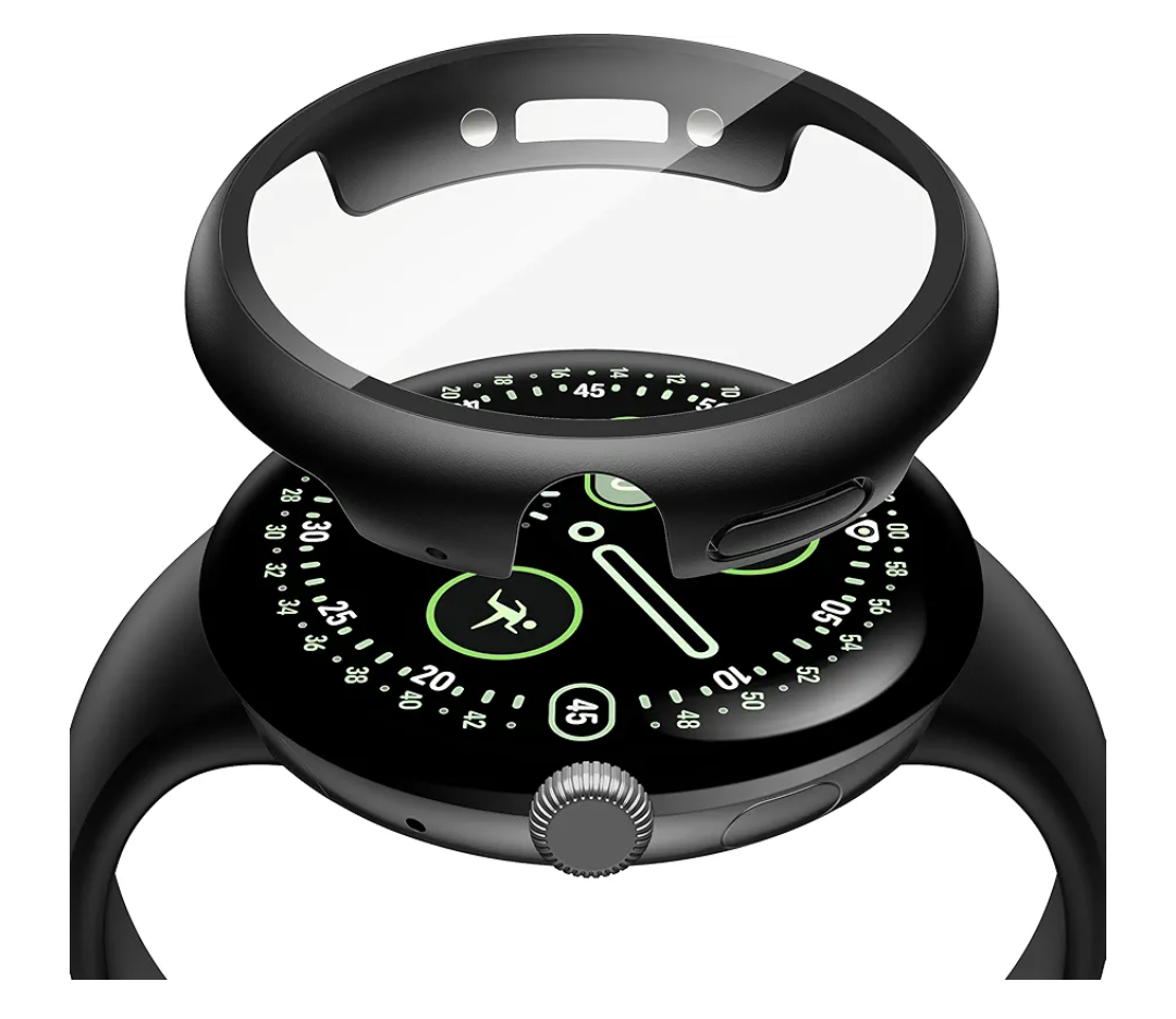 Misxi 2-Pack Shockproof Case with Screen Protector Compatible for Google Pixel Watch 4 (2025) 45mm, Direct Charging High Sensitivity Curved Protective Cover with Tempered Glass for Pixel Watch 4, Black