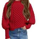 Girls Cable Knit Sweaters Kids Fall Fashion Puff Sleeve Ribbed Cuffs Crewneck Clothes (7-8 Years, Red)
