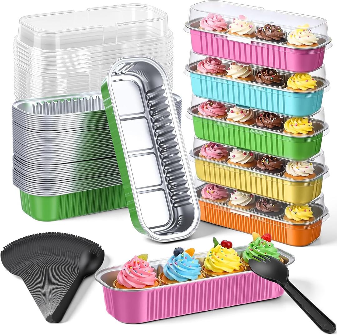150 Pcs Mini Loaf Pans with Lids and Spoons 6.8 oz Rectangular Aluminum Foil Baking Pans Mini Tins Cake Containers for Bread Desserts(Tropical Hawaiian Color)