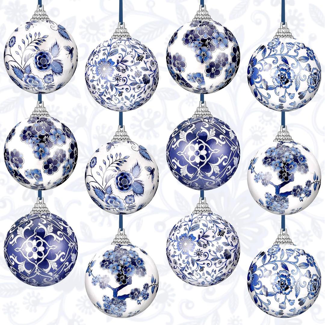 Poen 12 Pcs Chinoiserie Christmas Ornaments 2.36 Inch Blue White Ball Ornaments with Ribbon Poam Porcelain Chinoiserie Christmas Decorations for Xmas Tree Home Party Decor, Not Porcelain