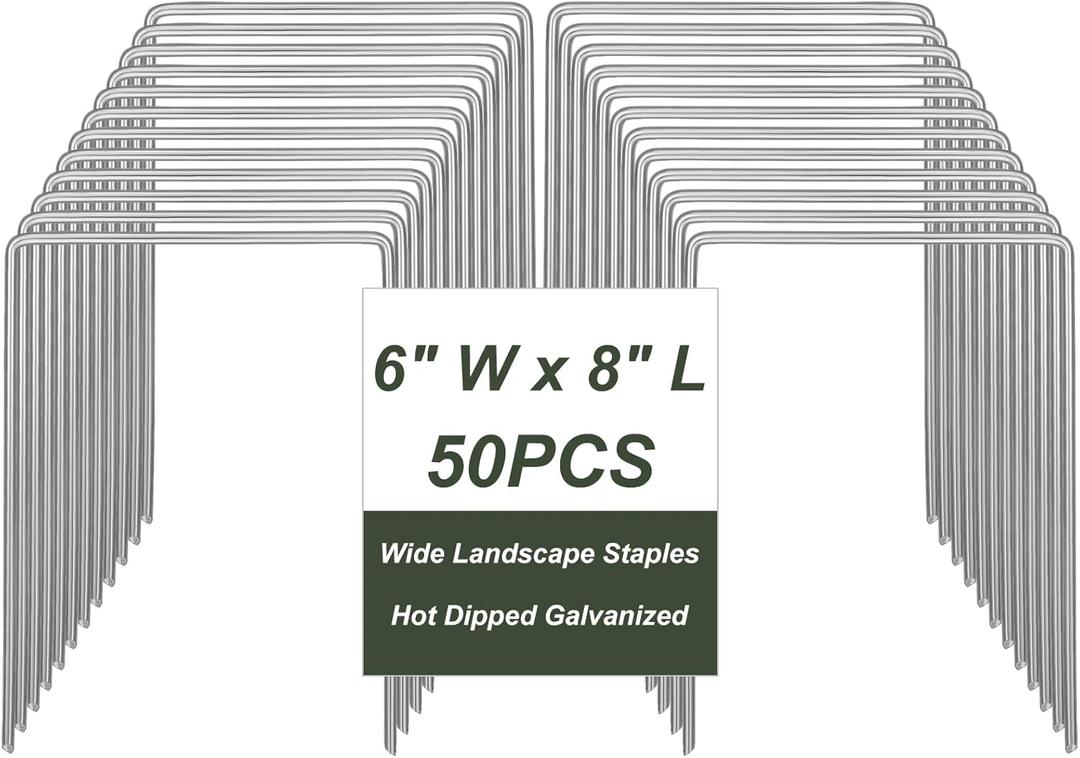 50 Pack Heavy Duty Wide Landscape Staples, 7 Gauge Galvanized Steel Turf Stakes Garden Stakes Bulk, U Type Anchor for Grass, Securing Weed Barrier Fabric, Pipes, Sod (8"x6")