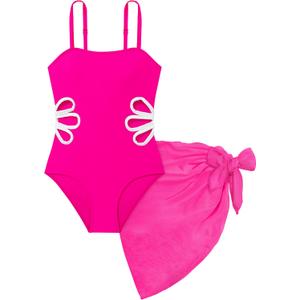 Girls Swimsuit, Adjustable Straps Cut Out One Piece Bathing Suit with Solid Color Cover Up Skirt Girls' Swimwear (7-8 Years, Pink)