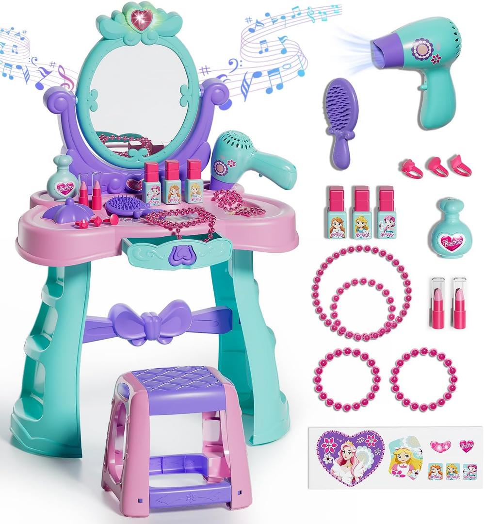 Lehoo Castle Kids Vanity Table and Chair Set with Mirror Light Music, Toddler Girls Makeup Table with Stool  Hair Dryer, Pretend Play Princess Dress Up Vanity Set, Birthday Gifts for 3 Year Old Girl (Pink)
