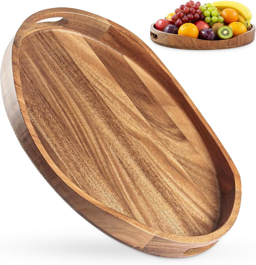 Serving Tray with Handles, Acacia Wood Oval Tray 17.3x12.9x1.9 Inch Large Wooden Coffee Table Ottoman Tray Breakfast in Bed Tray Decorative Rustic Farmhouse Home Dcor Tray for Drinks Snacks & Candles