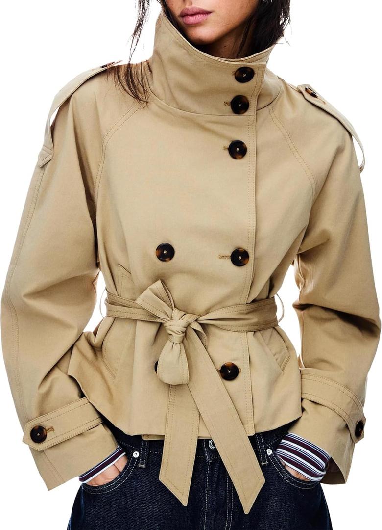 Women's Cropped Trench Coat Double Breasted Short Jacket High Collar Fall Winter Coats Trendy Outfit with Belt (Large, Khaki)