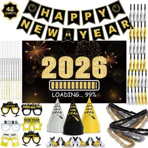 New Years Eve Party Supplies 2026 - Happy New Year Party Supplies Kit for 50 Guests, Including Hats, Glasses, Les, Beads, Squakers, a Backdrop and a Banner, Great New Yeras Decorations