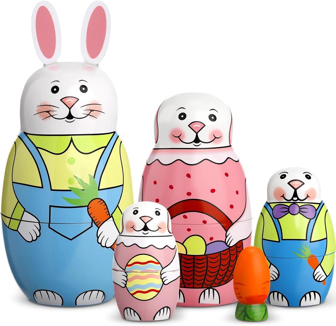 Gejoy Easter Nesting Dolls Russian Matryoshka Rabbit Wooden Handmade Nutcracker Nesting Dolls Collectible Gifts Set for Adults Home Decor
