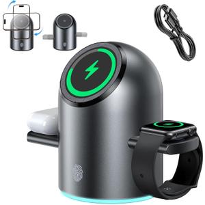 3 in 1 Wireless Charging Station for Apple Multiple Devices, 15W Magnetic Auto-Rotating Charger Stand, Touch Hidden System Wireless Charger Stand for iPhone 17 16 15 14 13 12, Apple Watch, AirPods pro