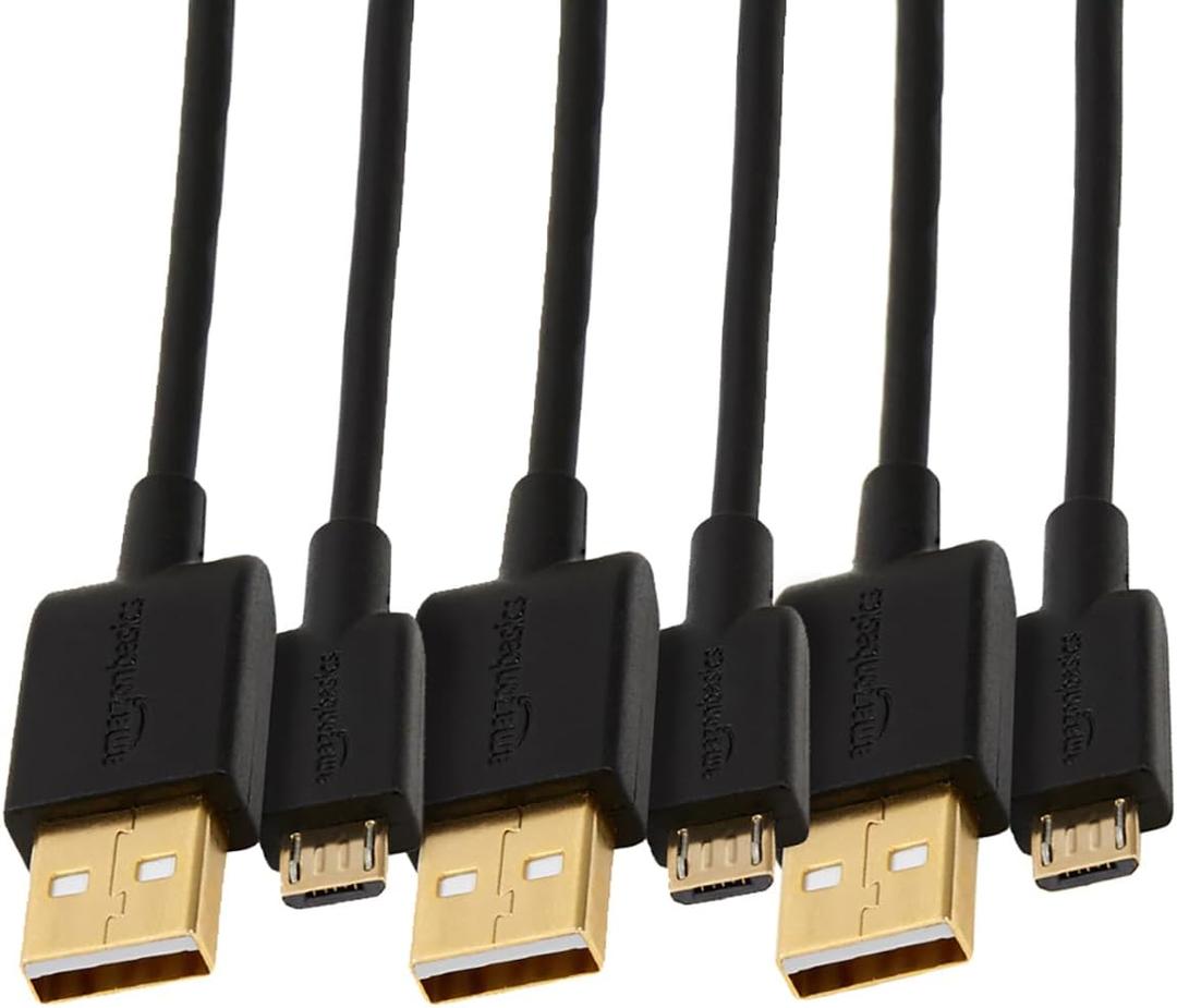 Amazon Basics 3-Pack USB-A to Micro USB Charging Cable, 480Mbps Transfer Speed, Gold-Plated Plugs, USB 2.0, 3 Foot, Black
