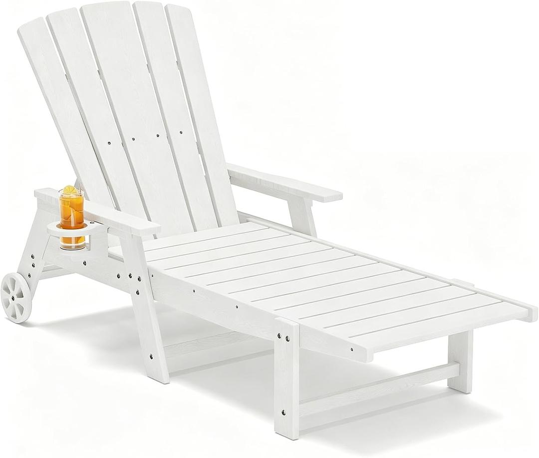 Outdoor Lounge Chair,HDPE 4-Position Adjustable Chaise Lounge Outdoor with Rolling Wheels & Cup Holder,All-Weather Heavy-Duty Pool Lounge Chairs for Poolside,Patio,White