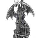 Dragon Statue with Medieval Sword-Collection Figurine Fantasy Decor - Silvery Dragon Standing Gothic Castle for Tabletop Bookshelf