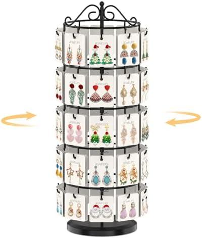 EsLuker.ly Earring Holder Organizer Rotating Display Tree Stand, Adjustable Height Earring Card Hanger Rack with 50 Hooks for Vendors Market Selling, 5 Tier Metal Jewelry Storage Tower, Black