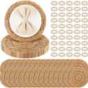 2 x 50 Pcs Cattail Round Woven Placemats Set, Cattail Placemats with Pearl Napkin Rings Boho Farmhouse Rustic Woven Chargers Natural Mat Bulk for Wedding Party, Dinner Table (12 Inch)