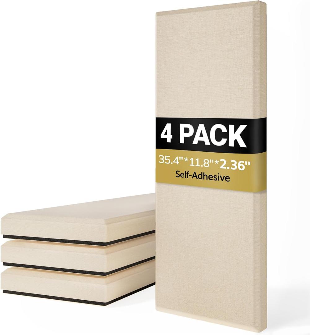 TONOR 4 PCS Large Acoustic Panel, 35.4 * 11.8 * 2.36 3D Fiberglass Sound Proof Panel with Full Self-adhesive, Decorative Echo Absorbing Wall Panel, for Studio, Living Room, Home, Office,Beige