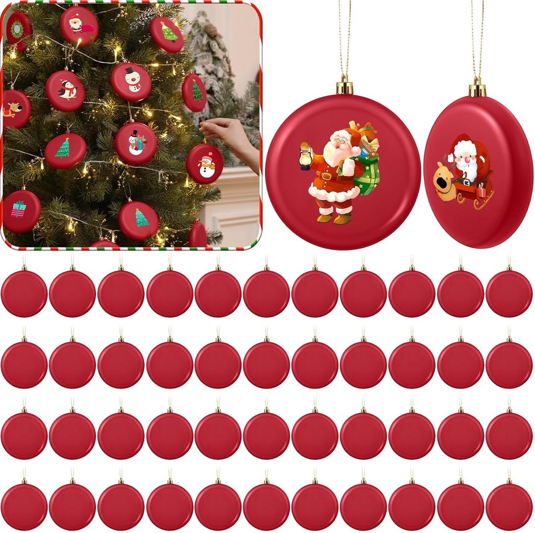 48 Pcs 4 Inch DIY Christmas Ornaments Red Blank Ball Ornament Xmas Plastic Matte Flat Discs Christmas Tree Hanging Ornament Decorations DIY Crafts Painting Drawing Stickers Decals