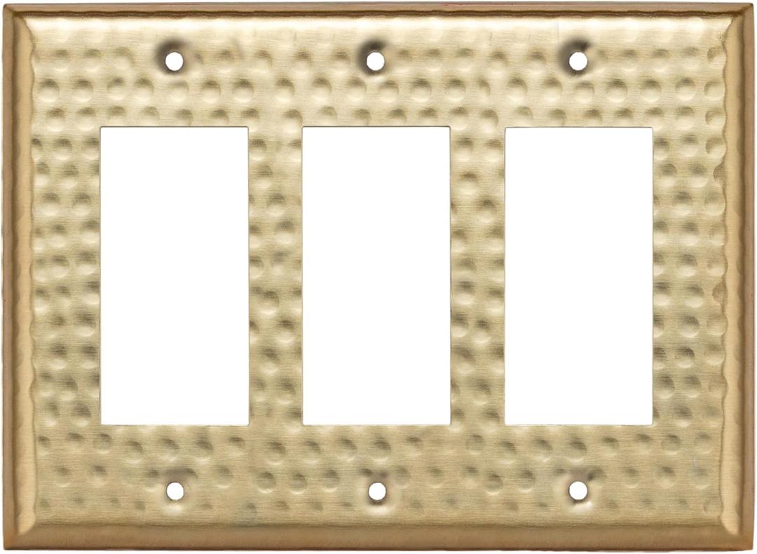 Monarch Abode 3-Gang Rocker Wall Plate, Hand Hammered Decorator Metal Switch Wall Plate, Decorative Light Switch Cover Plate for Electrical Outlet, Brushed Gold