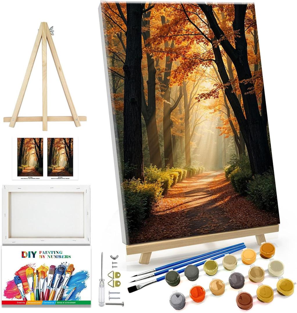 JOOZ Paint by Numbers Kit for Adults with Frame Forest Paint by Number with Easel Autumn Landscape Adult Paint by Number Kits Framed Canvas Tree Oil Painting Kits for Gift Home Wall Decor 8x12 Inch