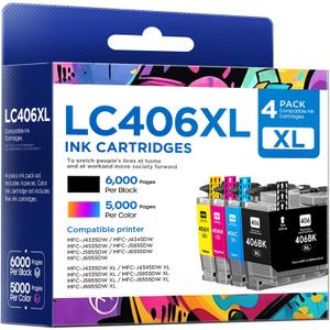 LC406XL Ink Cartridges High Yield Compatible for Brother LC406XL LC406 XL LC406 use with MFC-J4335DW MFC-J4535DW MFC-J5855DW MFC-J6555DW MFC-J6955DW Printer (Black, Cyan, Magenta, Yellow, 4 Pack)