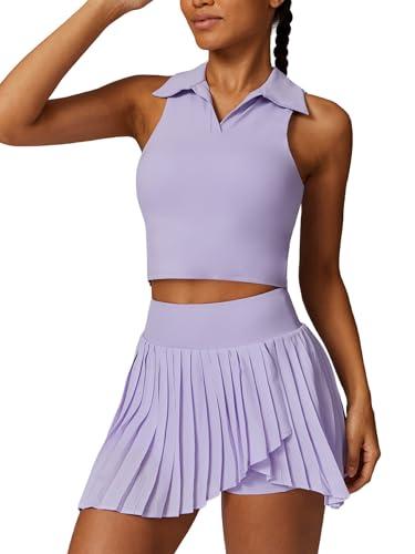 ABOCIW Womens Tennis Skirts Sports Bra Sets High Waist Pleated Golf Skorts Skirt V Neck Collar Workout Crop Tank Tops 2 Piece Outfits #1 Purple Small