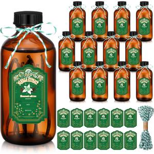 Uiifan 12 Pack Amber Glass Bottles Boston Round Sample Bottles Glass jars with Lids Dark Vanilla Extract and 12 Pcs Christmas Green Snowflakes Stickers for Gift Beans(8 oz)