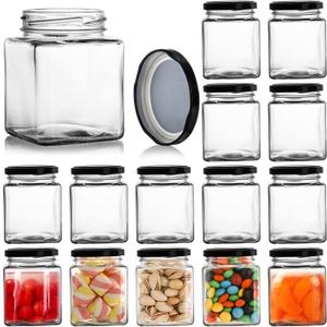 Jucoan 15 Pack Square Glass Jar with Black Airtight Metal Lids, 10 oz Small Glass Mason Jar Canning Jars for Jam, Spices, Honey, Jelly, Baby Shower, Wedding Favor