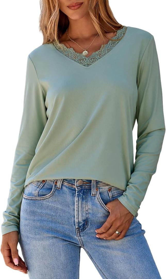 Dokotoo T Shirts for Women Casual Long Sleeve V Neck Lace Trim Tops Lightweight Solid Color Basic Tees Blouses (Medium, Green)