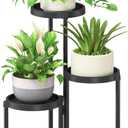 iDavosic.ly 3 Tier Folding Plant Stand Indoor Outdoor with Plastic Tray, Tiered Corner Flower Holder Shelf, Metal Orchid Display Rack for Patio Porch Living Room Garden Balcony, Modern Black