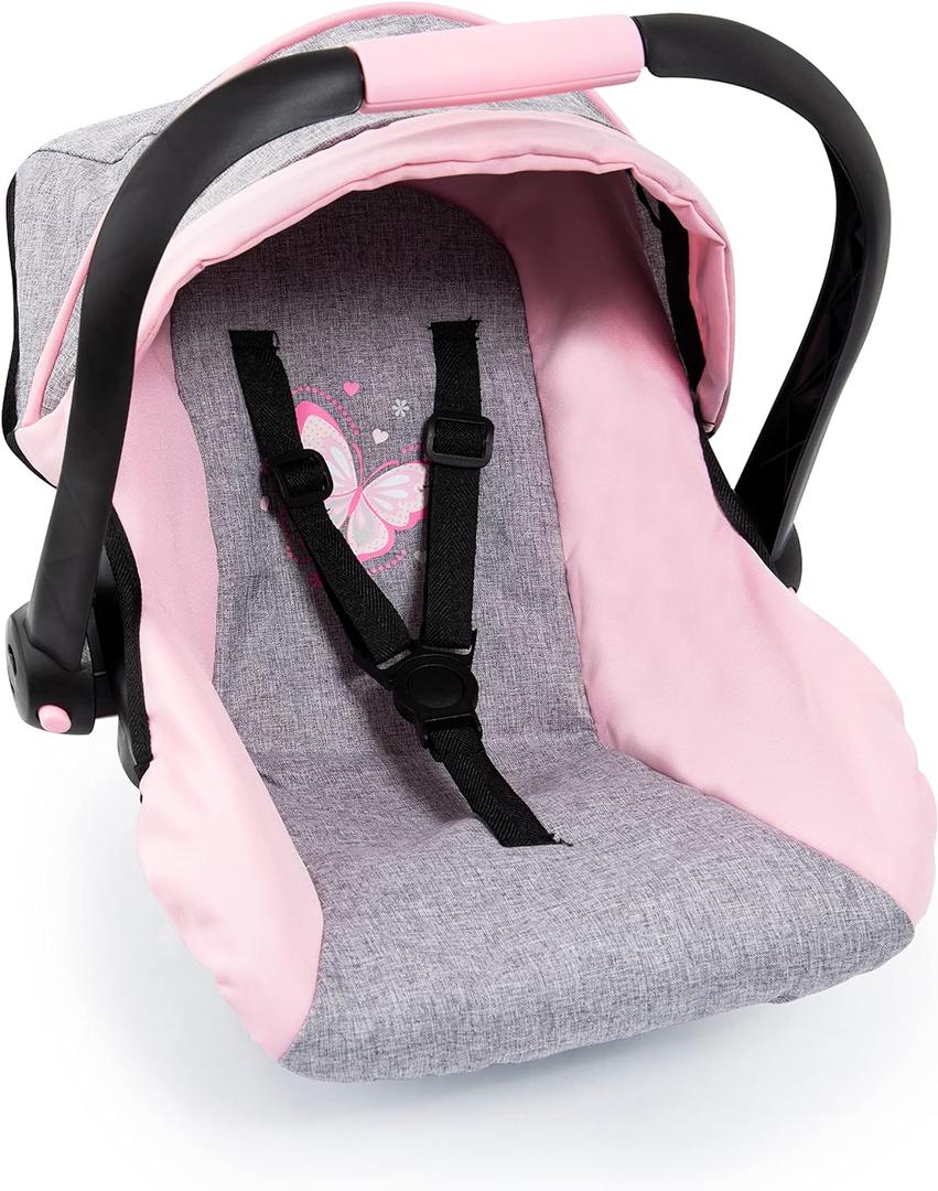 Bayer Design 67933AA Toy, Car Seat Easy Go for Neo Vario Pram with Cover, Doll Accessories, Pink, Grey with Butterfly,Grey/pink, for Dolls up to 18"