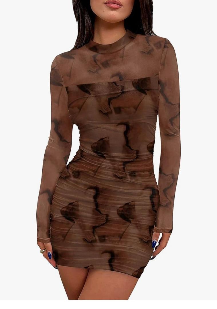 WIHOLL Women's Mesh Sheer Long Sleeve Ruched Mini Dress Sexy Bodycon Mock Neck Cocktail Party Club Dresses 2025, 

Size XL